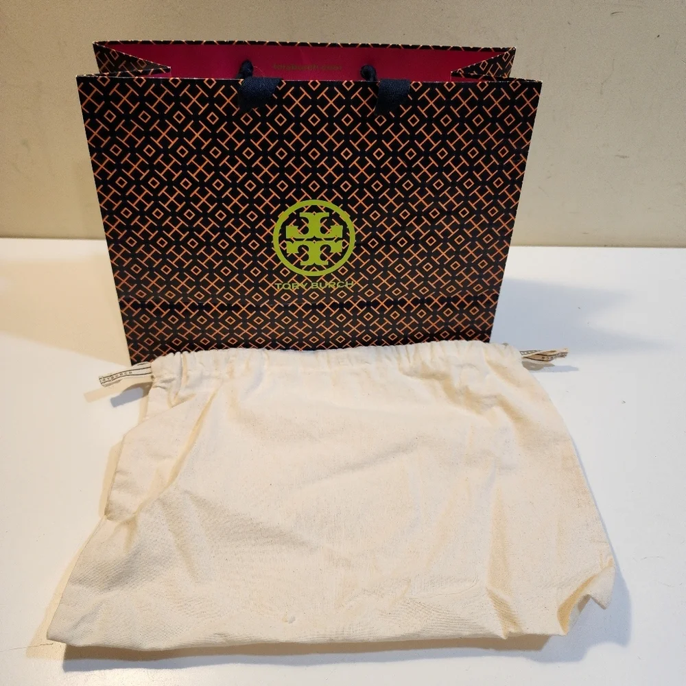 Tory Burch Navy and Green Patterned Shopping Bag with Cream Dust Bag